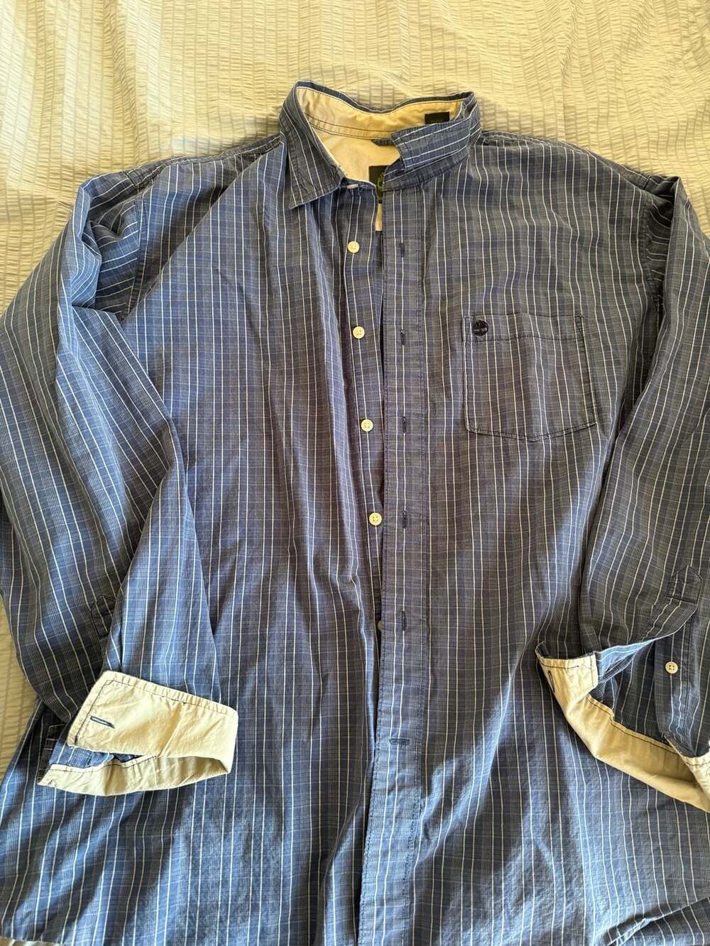 Timberland Men's XL Blue Striped Long Sleeve Button-Down Shirt with Contrast Tri